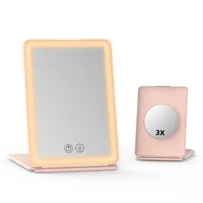 Bilitase Makeup Mirror,1X&3X Magnifying Lighted Vanity Mirror with 3 Color Setting Modes&Dimmable Touch Screen,Portable,Foldable for Women(Pink)