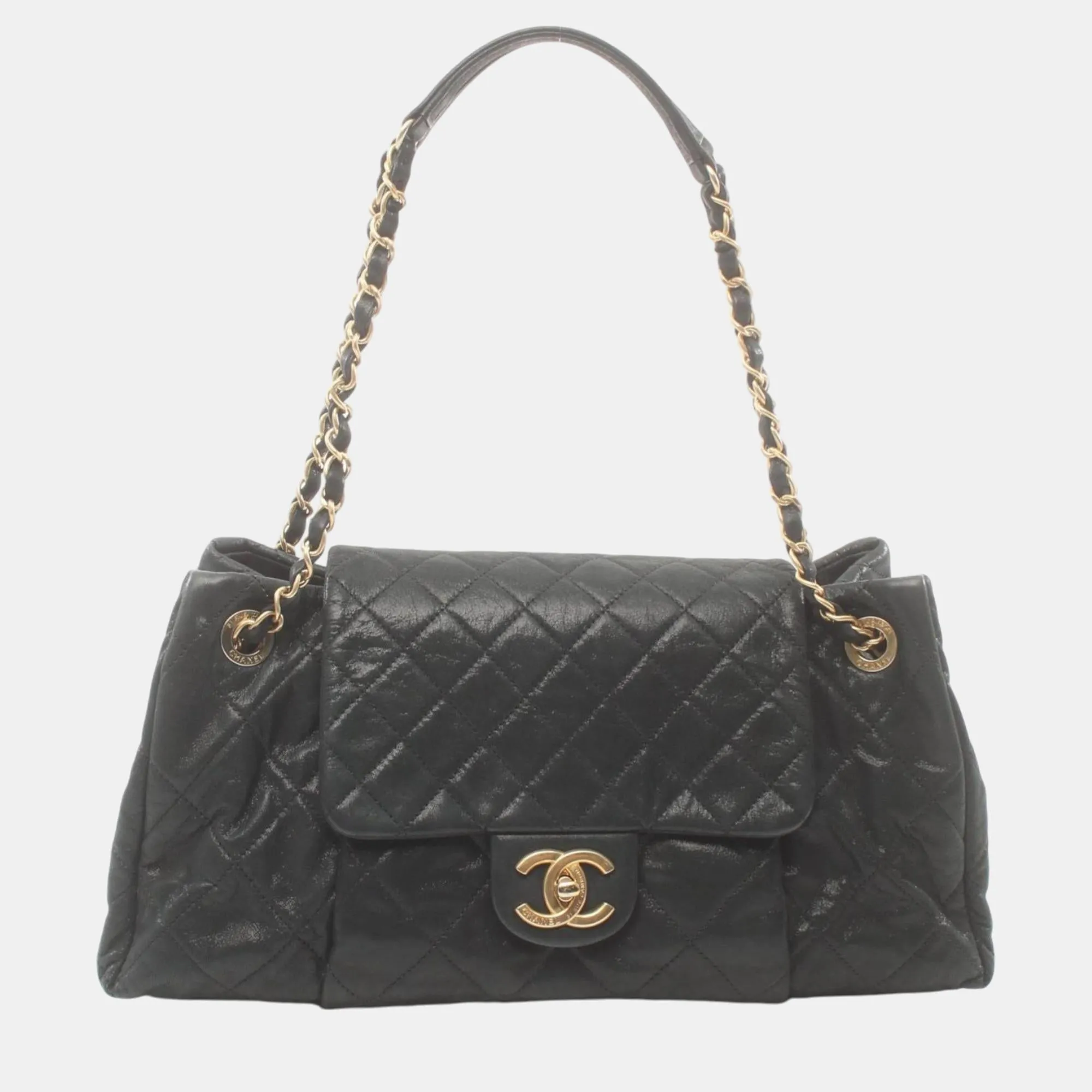 Black Leather Matelasse Shoulder Bag