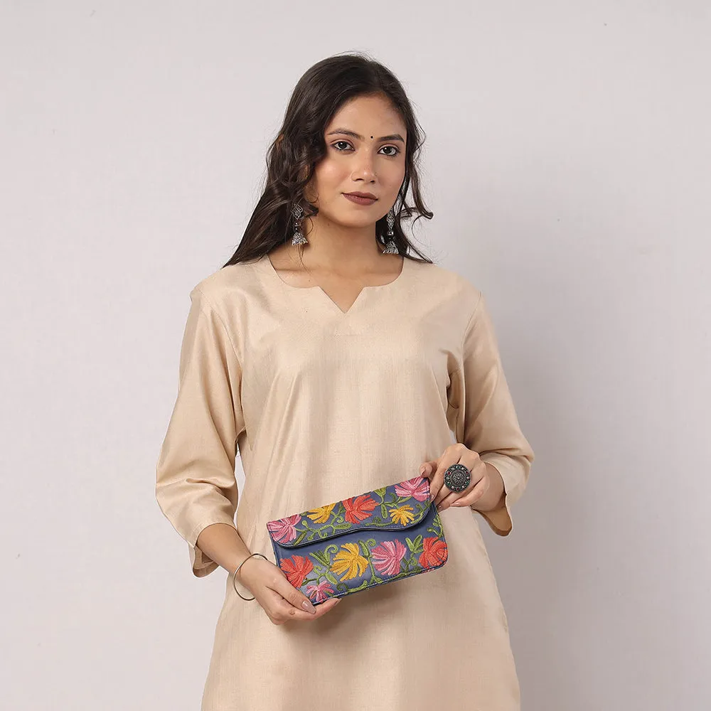 Blue - Original Chain Stitch Embroidery Leather Wallet