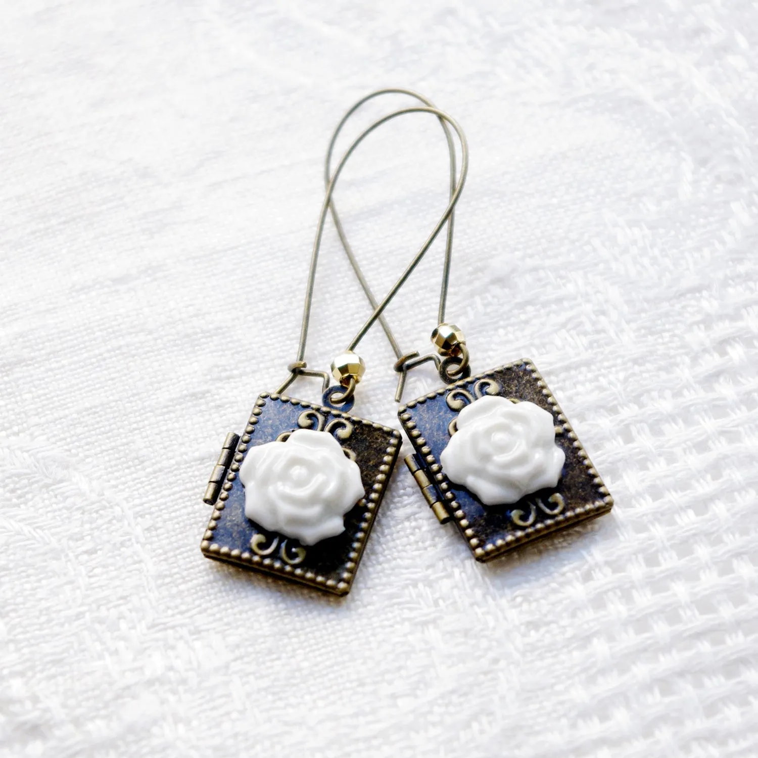 Classic Porcelain Rose On Vintage Book Locket Earrings