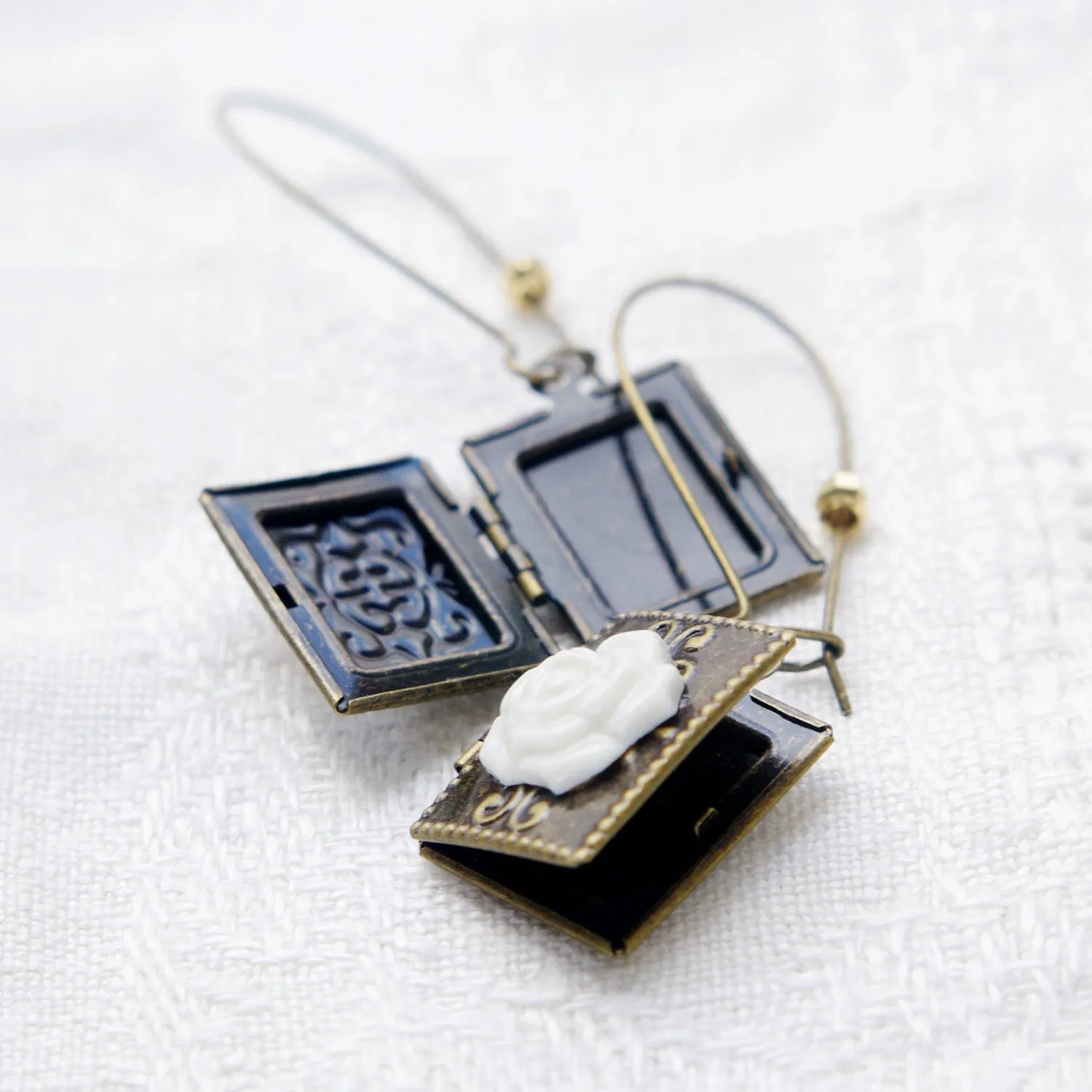 Classic Porcelain Rose On Vintage Book Locket Earrings