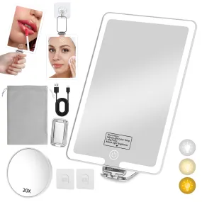 conthdots Travel Mirror with Light, 3 in 1 Portable Makeup Mirror with Adjustable Folding Handle & Tweezer, Vanity Tabletop Lighted Mirror with 3 Color Lights & 20x Magnification, Travel Essentials