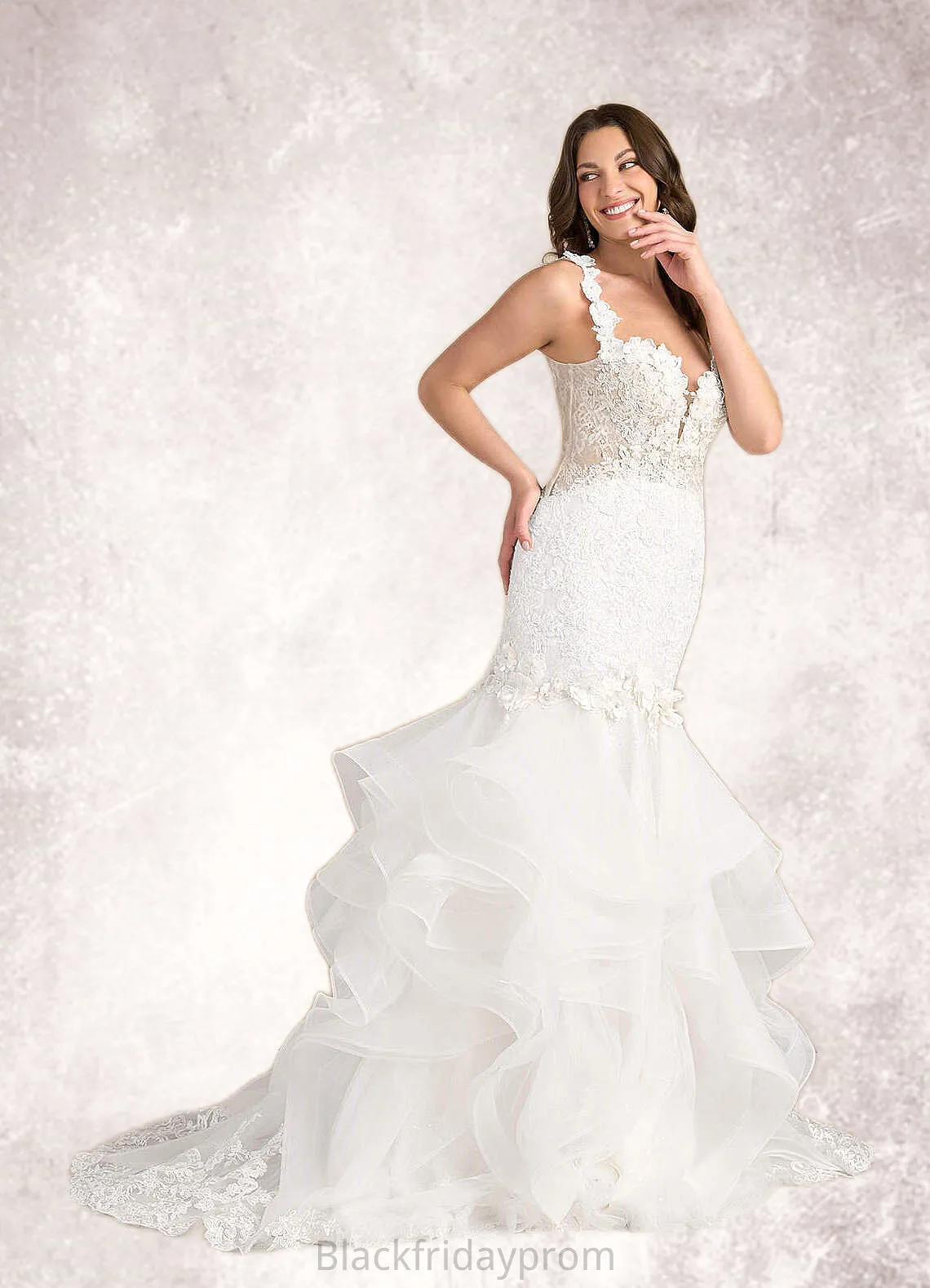 Corinne Mermaid Lace Tulle Chapel Train Dress Diamond White/Nude BF2P0022801