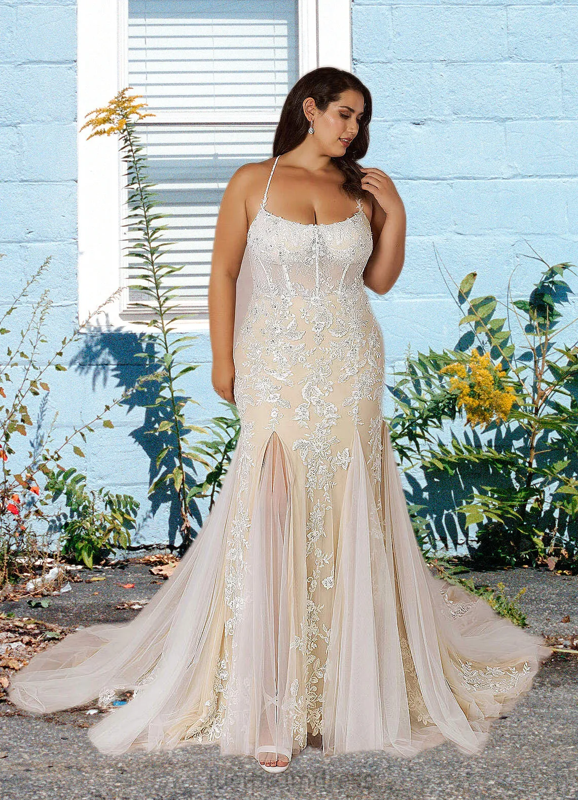 Deborah Mermaid Sequins Tulle Cathedral Train Dress Diamond White/Champagne HHP0022777