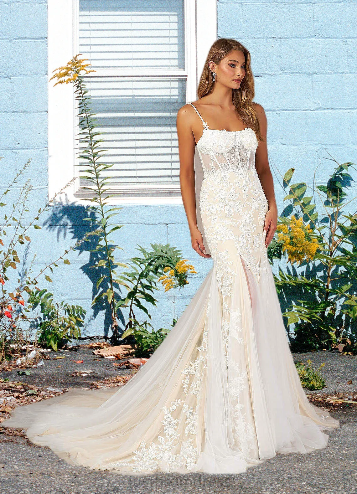 Deborah Mermaid Sequins Tulle Cathedral Train Dress Diamond White/Champagne HHP0022777