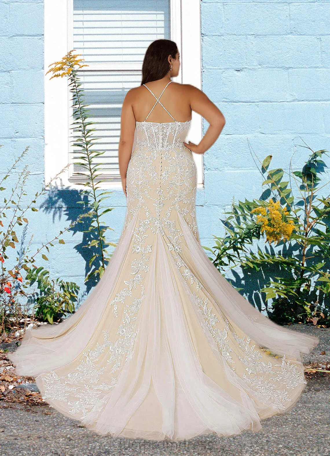 Deborah Mermaid Sequins Tulle Cathedral Train Dress Diamond White/Champagne HHP0022777