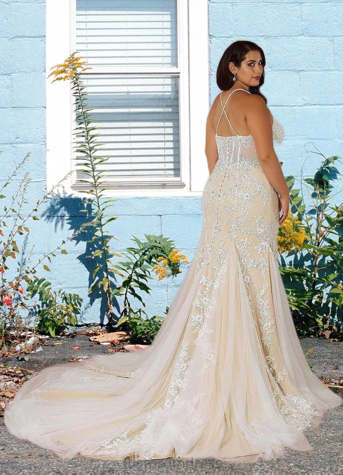 Deborah Mermaid Sequins Tulle Cathedral Train Dress Diamond White/Champagne HHP0022777