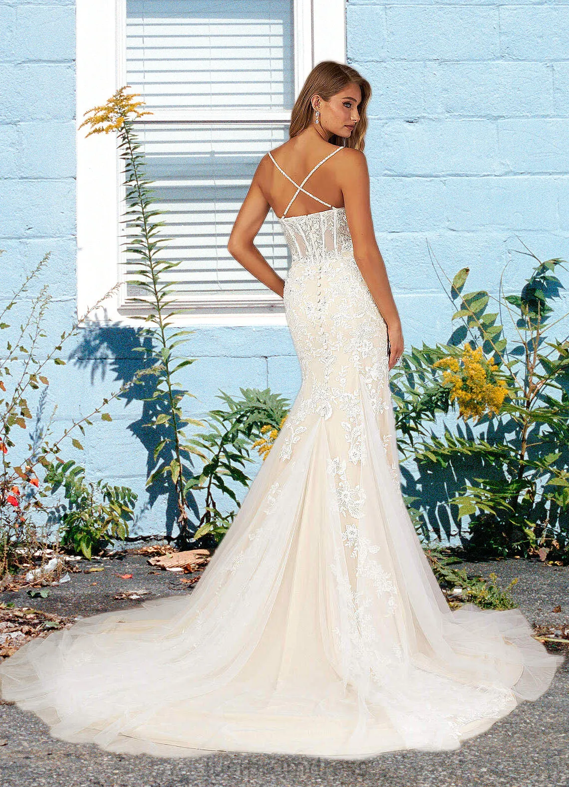 Deborah Mermaid Sequins Tulle Cathedral Train Dress Diamond White/Champagne HHP0022777