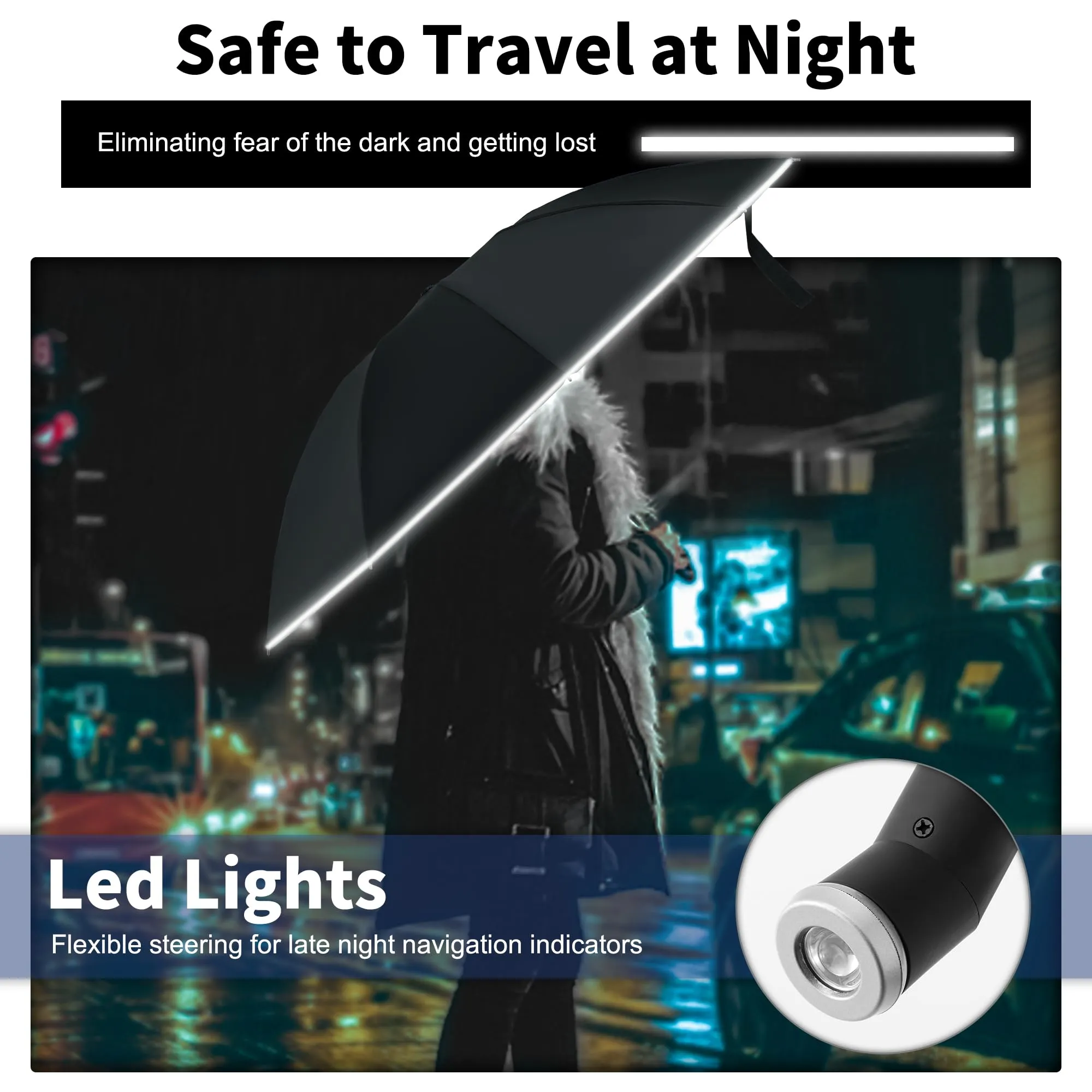 DEDC Windproof Travel Umbrella Compact Folding Rain Portable With Built-in LED light Umbrellas Automatic LightWeight for Men Women Teenage Small (Black)