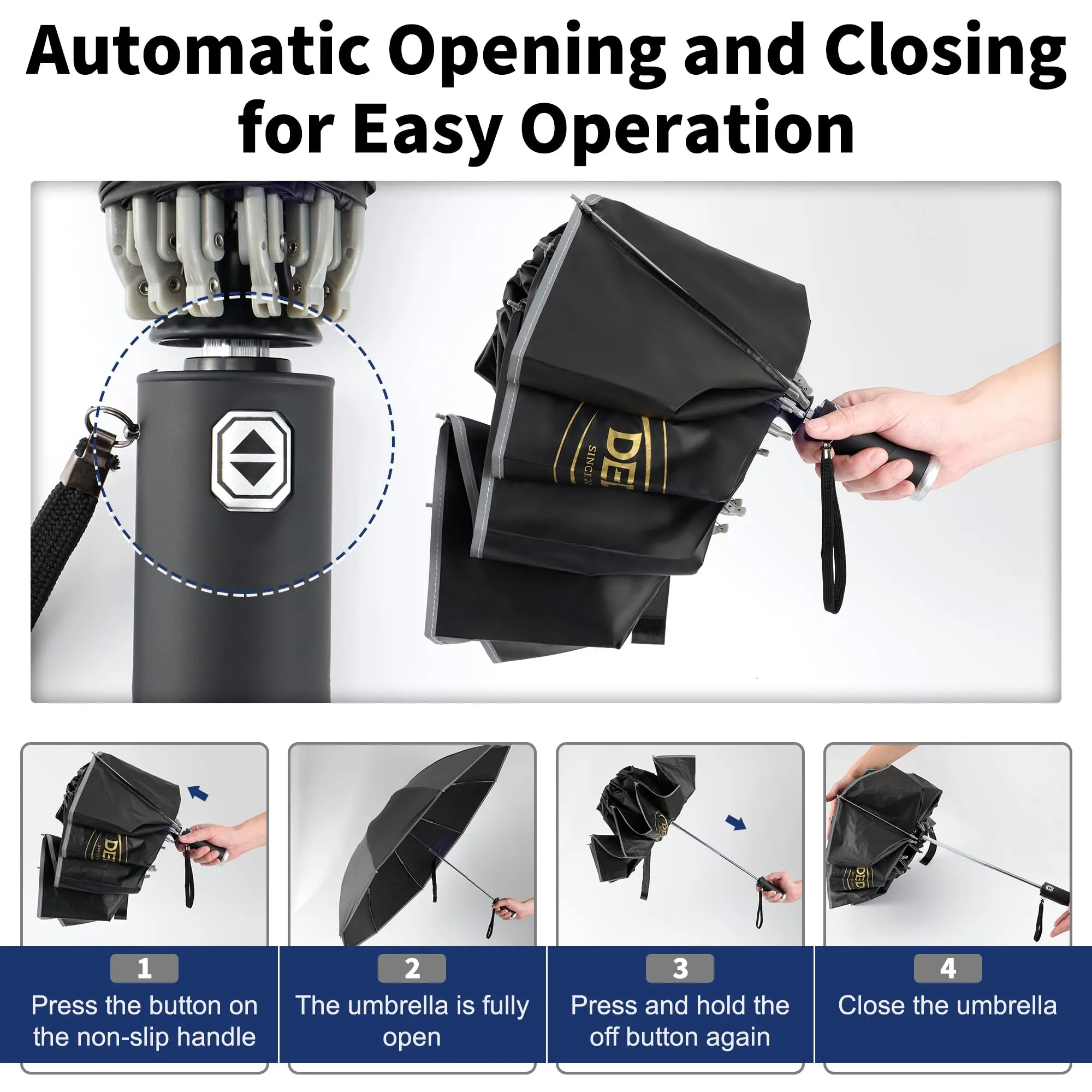 DEDC Windproof Travel Umbrella Compact Folding Rain Portable With Built-in LED light Umbrellas Automatic LightWeight for Men Women Teenage Small (Black)