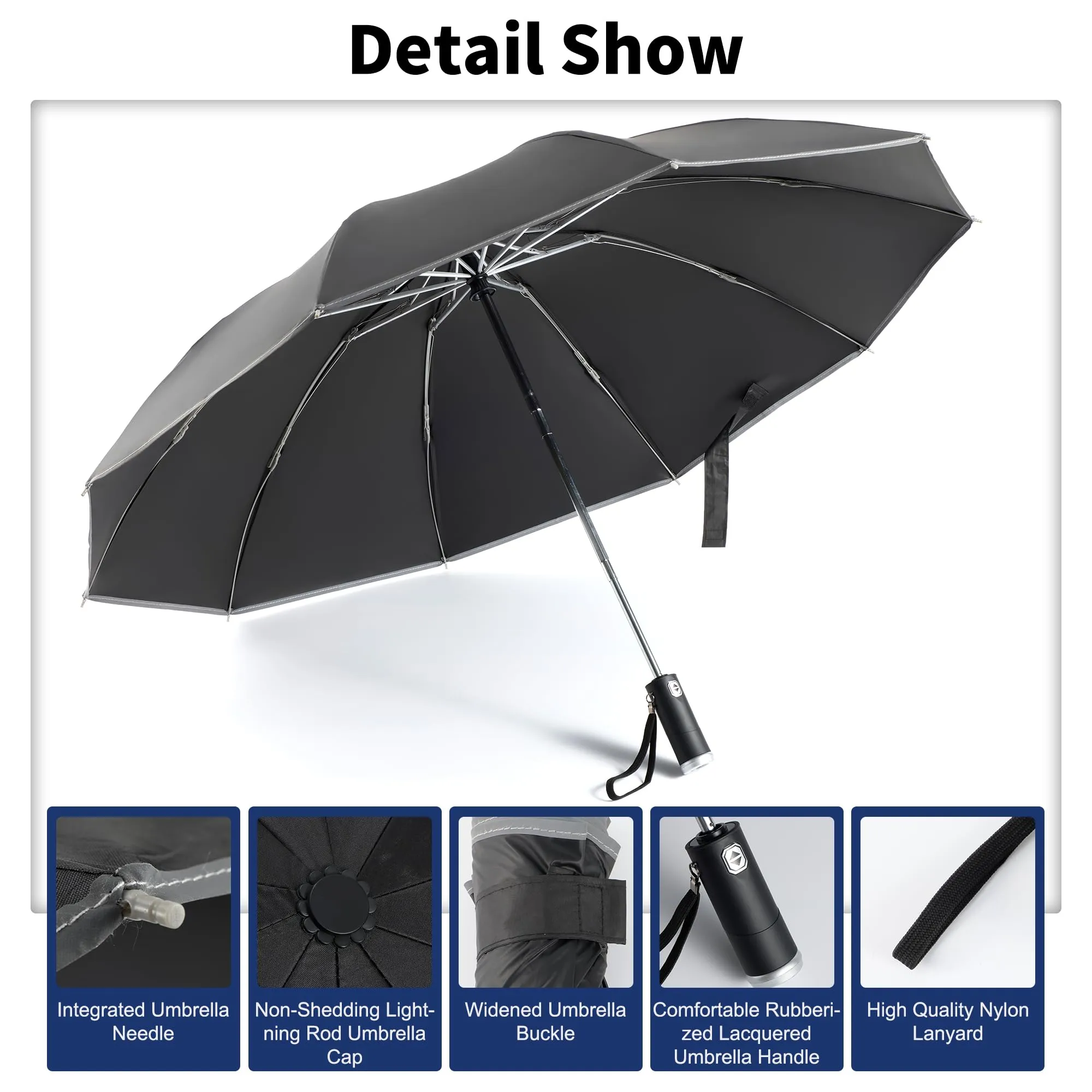 DEDC Windproof Travel Umbrella Compact Folding Rain Portable With Built-in LED light Umbrellas Automatic LightWeight for Men Women Teenage Small (Black)