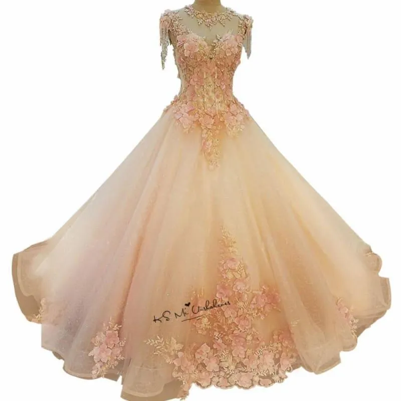 Diamond Tulle Vintage Pearls Flowers Pink Custom Made Princess Dress