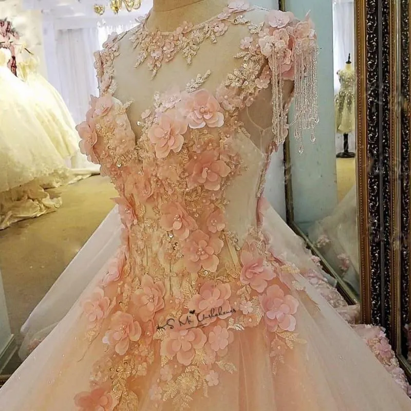 Diamond Tulle Vintage Pearls Flowers Pink Custom Made Princess Dress
