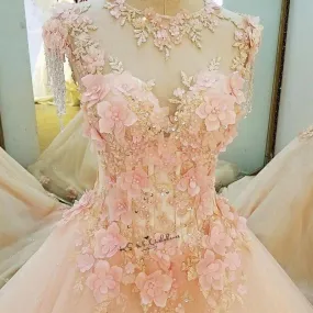 Diamond Tulle Vintage Pearls Flowers Pink Custom Made Princess Dress