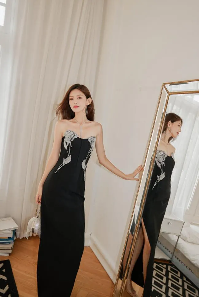 DOLLY Luxury Black Sleeveless Off Shoulder Diamond Tube Top Long Slit Dress-CLAUDIA