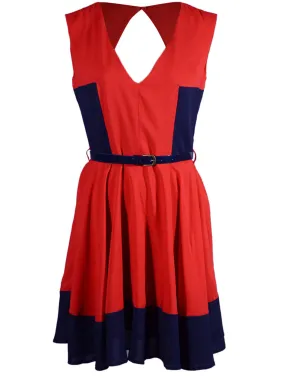 Double Zero Diamond Cutout Back A Line Skirt Two Tone Belted Sleeveless Dress