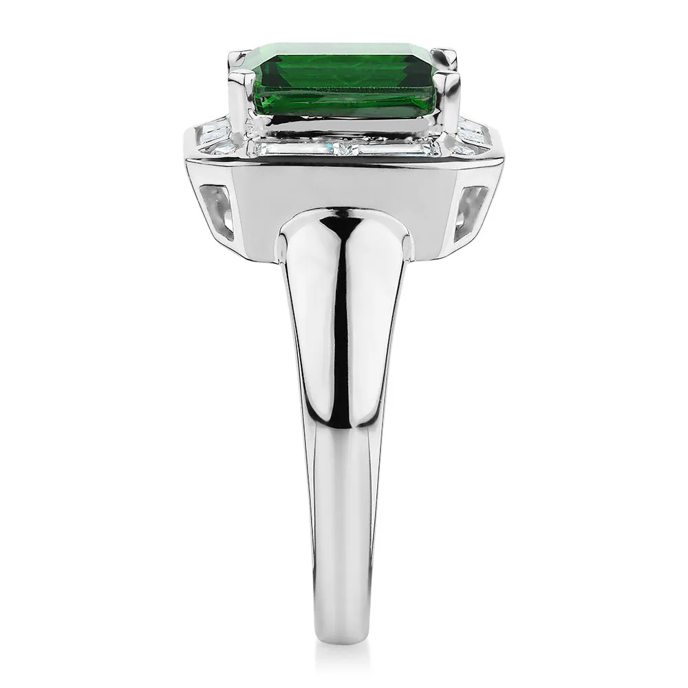 Dress ring with 10x8mm emerald simulant and 1.02 carats* of diamond simulants in 10 carat white gold