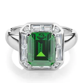 Dress ring with 10x8mm emerald simulant and 1.02 carats* of diamond simulants in 10 carat white gold