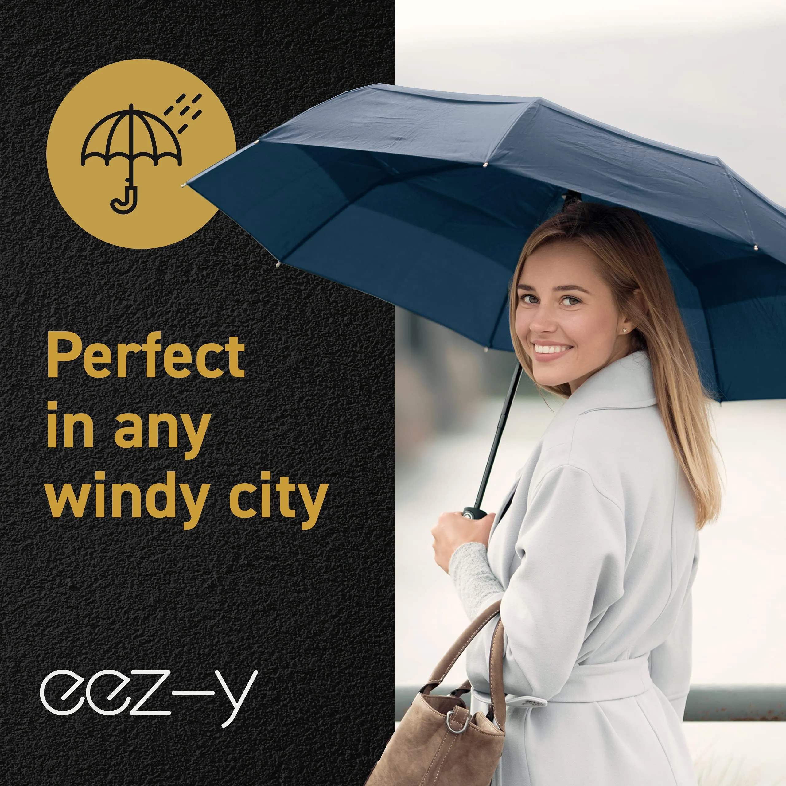 EEZ-Y Windproof Travel Umbrellas for Rain - Lightweight, Strong, Compact with & Easy Auto Open/Close Button for Single Hand Use - Double Vented Canopy for Men & Women - Navy blue