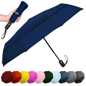 EEZ-Y Windproof Travel Umbrellas for Rain - Lightweight, Strong, Compact with & Easy Auto Open/Close Button for Single Hand Use - Double Vented Canopy for Men & Women - Navy blue