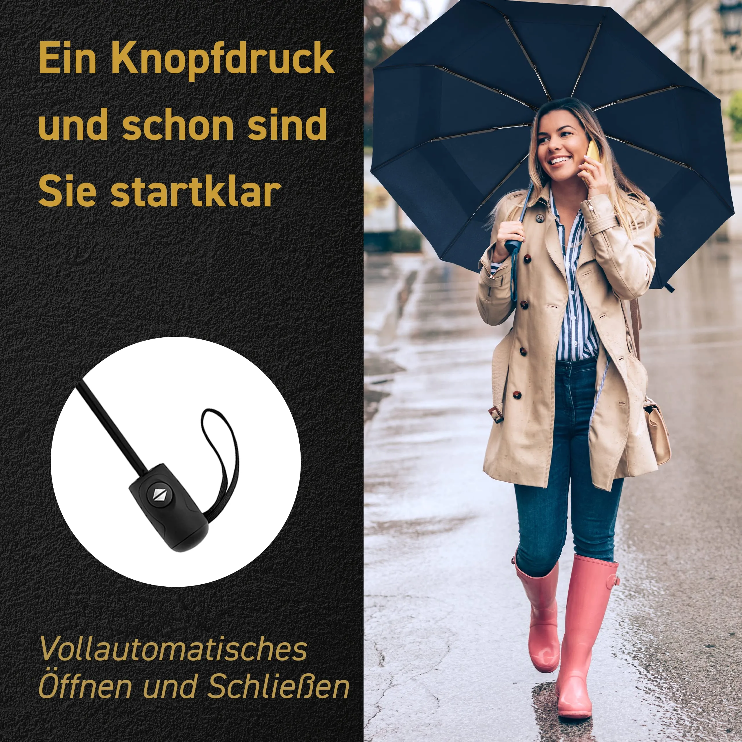 EEZ-Y Windproof Travel Umbrellas for Rain - Lightweight, Strong, Compact with & Easy Auto Open/Close Button for Single Hand Use - Double Vented Canopy for Men & Women - Navy blue