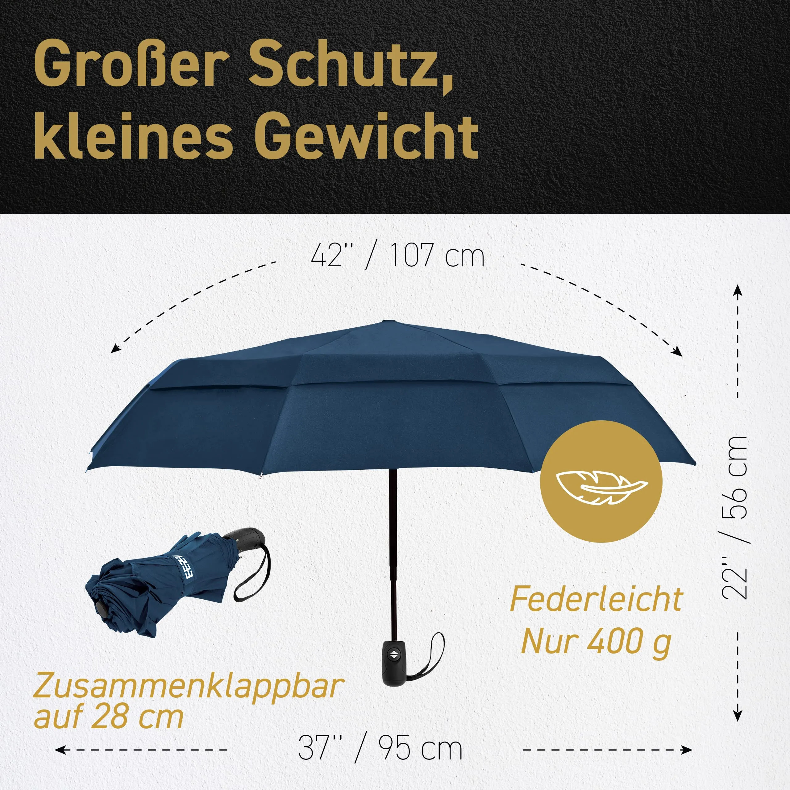 EEZ-Y Windproof Travel Umbrellas for Rain - Lightweight, Strong, Compact with & Easy Auto Open/Close Button for Single Hand Use - Double Vented Canopy for Men & Women - Navy blue