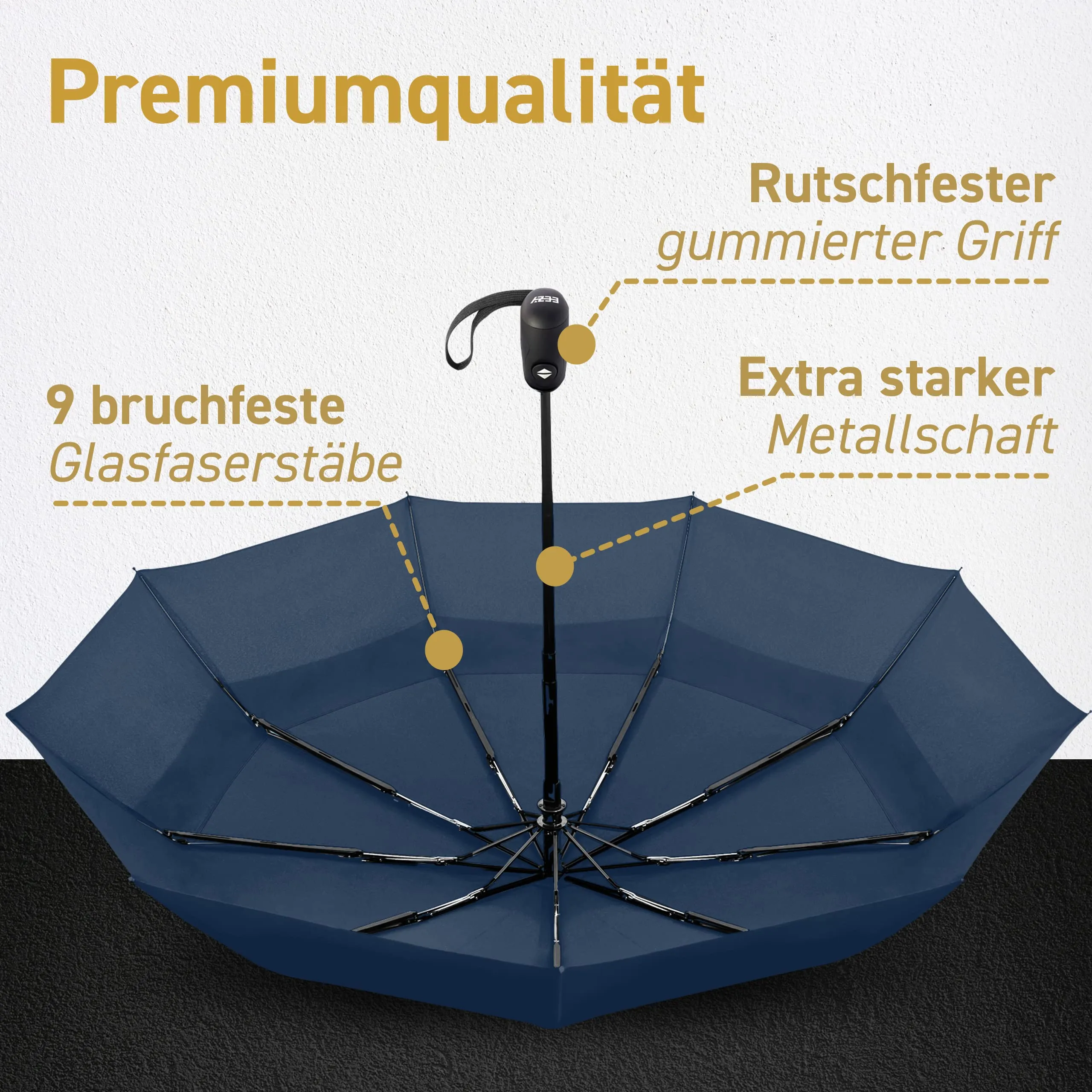 EEZ-Y Windproof Travel Umbrellas for Rain - Lightweight, Strong, Compact with & Easy Auto Open/Close Button for Single Hand Use - Double Vented Canopy for Men & Women - Navy blue