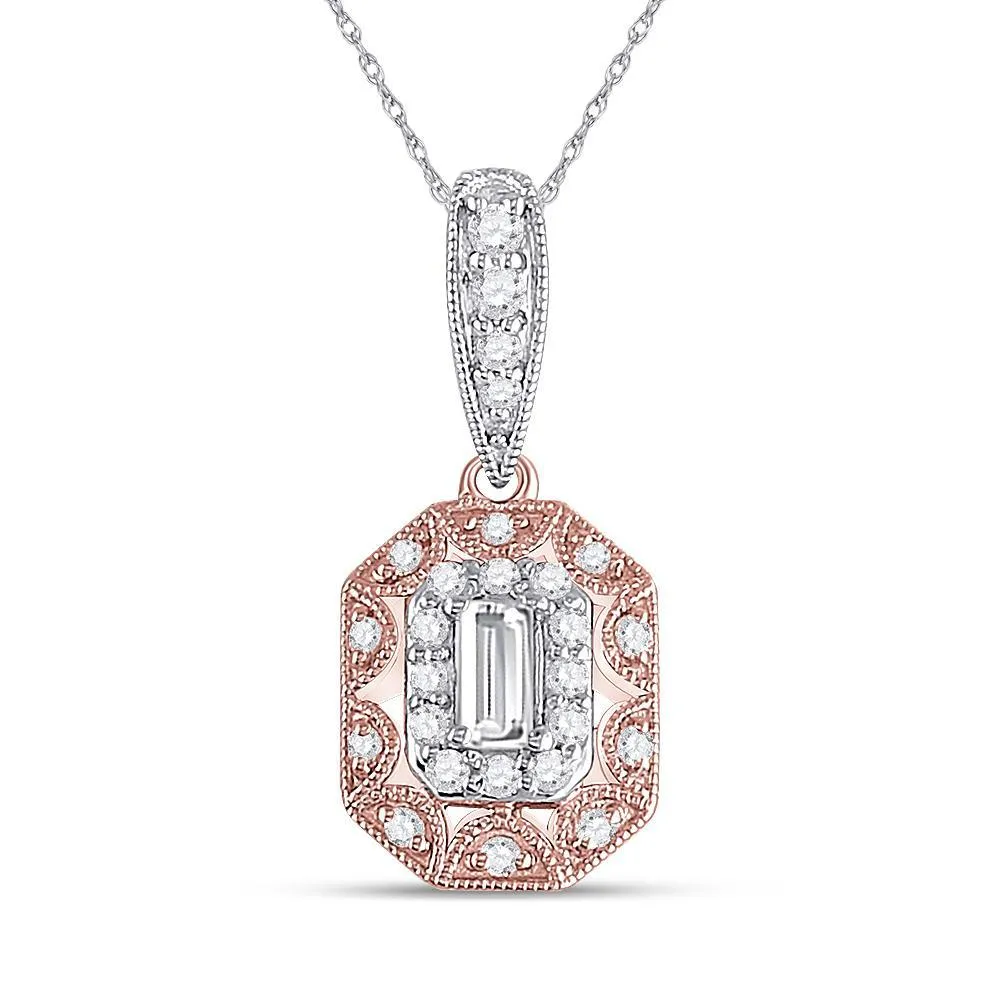 Emerald Diamond Halo Pendant 14k Two-tone Womens Octagon Charm 3/8Cttw