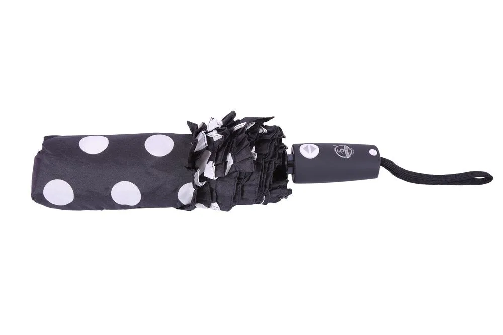 FabSeasons Big White Polka Dots Printed Automatic 3 Fold Black Umbrella with frills