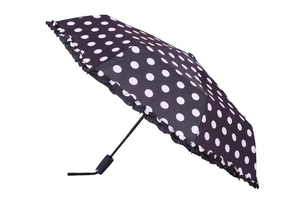FabSeasons Big White Polka Dots Printed Automatic 3 Fold Black Umbrella with frills
