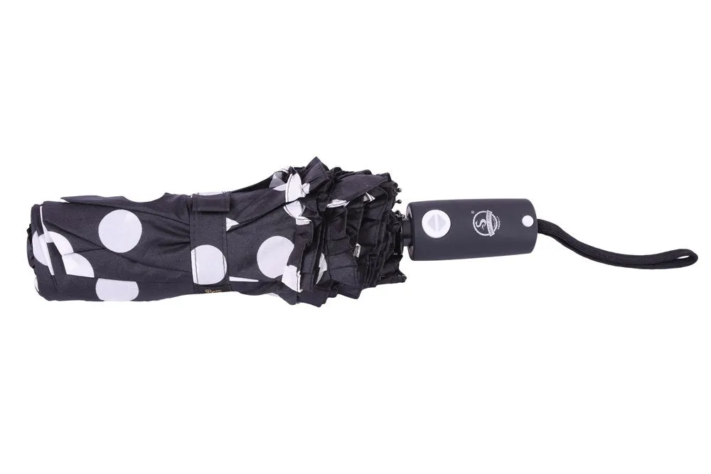 FabSeasons Big White Polka Dots Printed Automatic 3 Fold Black Umbrella with frills