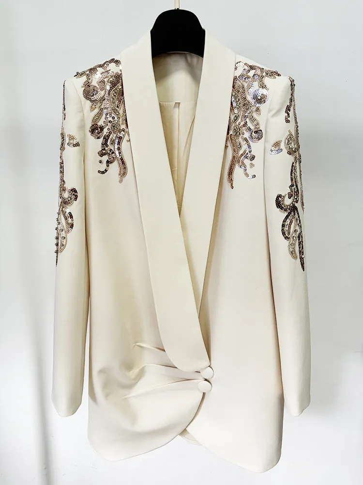 Fashionable Heavy Beaded Diamond Collar Blazer Dress