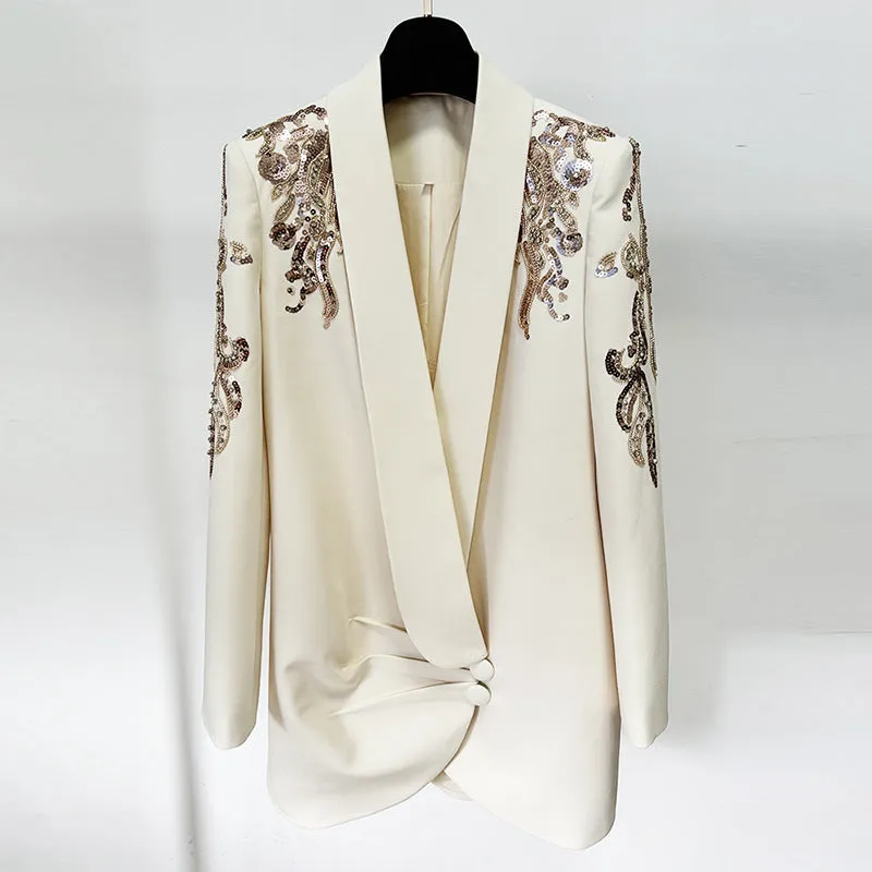 Fashionable Heavy Beaded Diamond Collar Blazer Dress