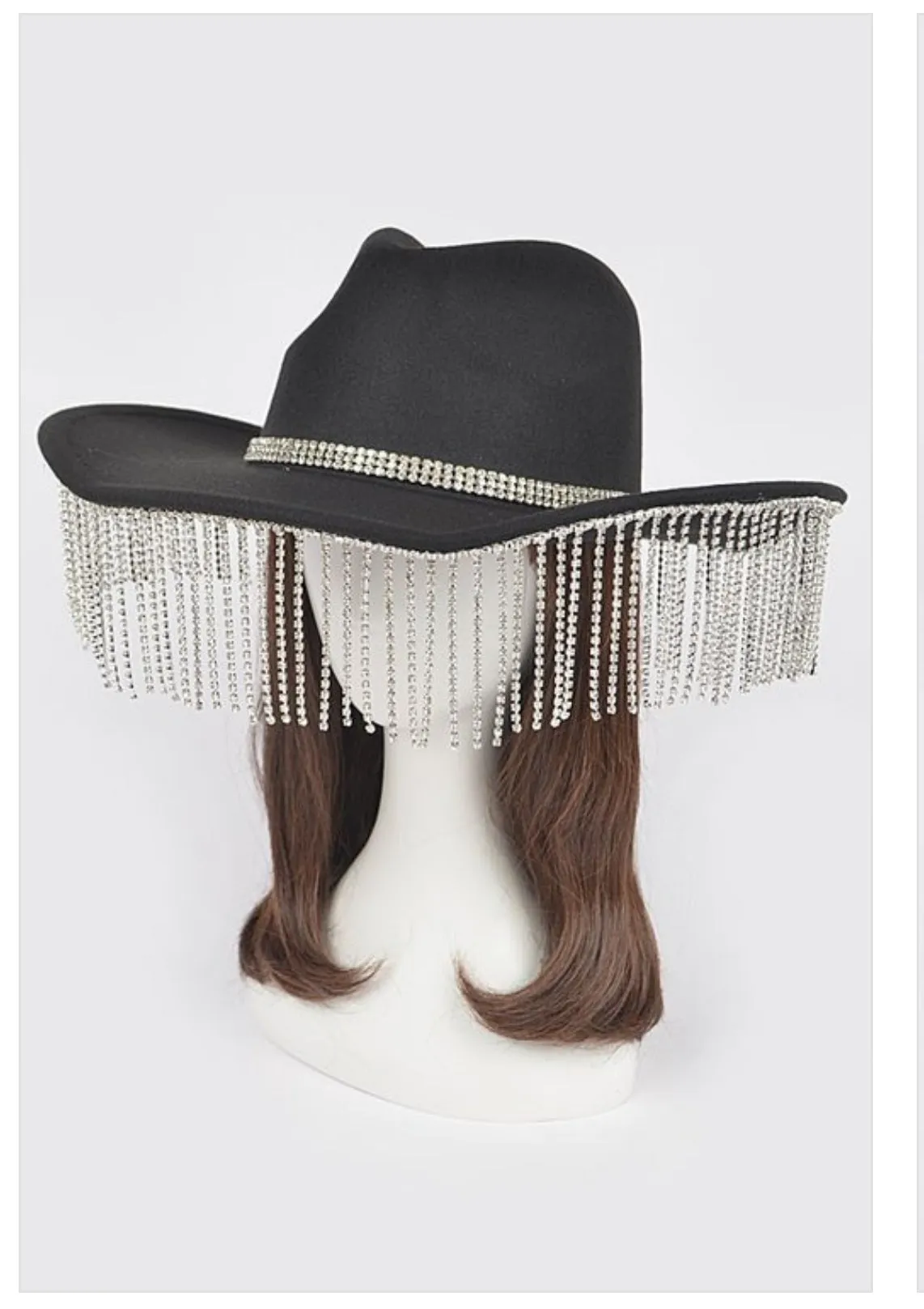 Faux Wool Rhinestone Fringe Cowboy Hat