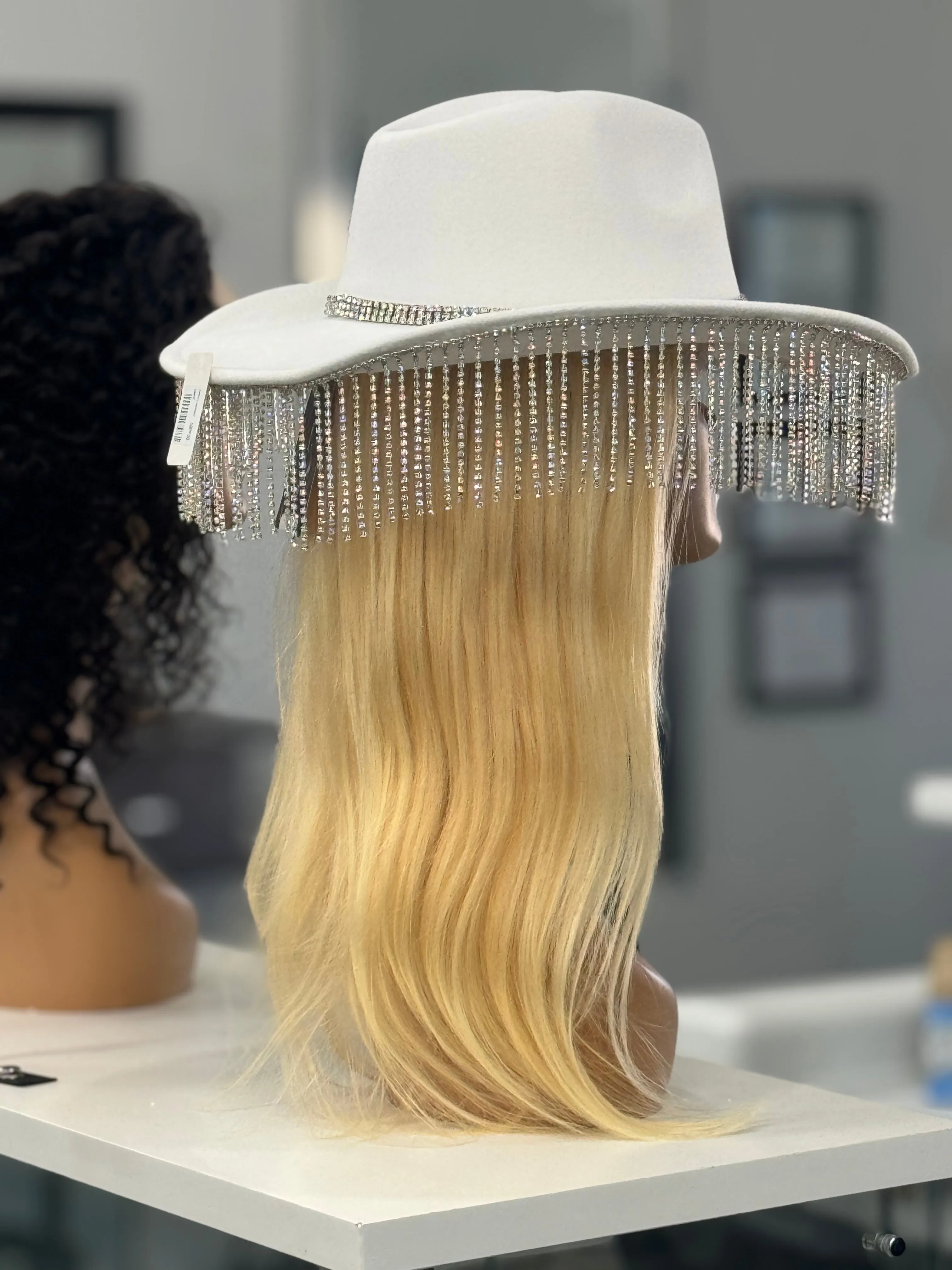 Faux Wool Rhinestone Fringe Cowboy Hat