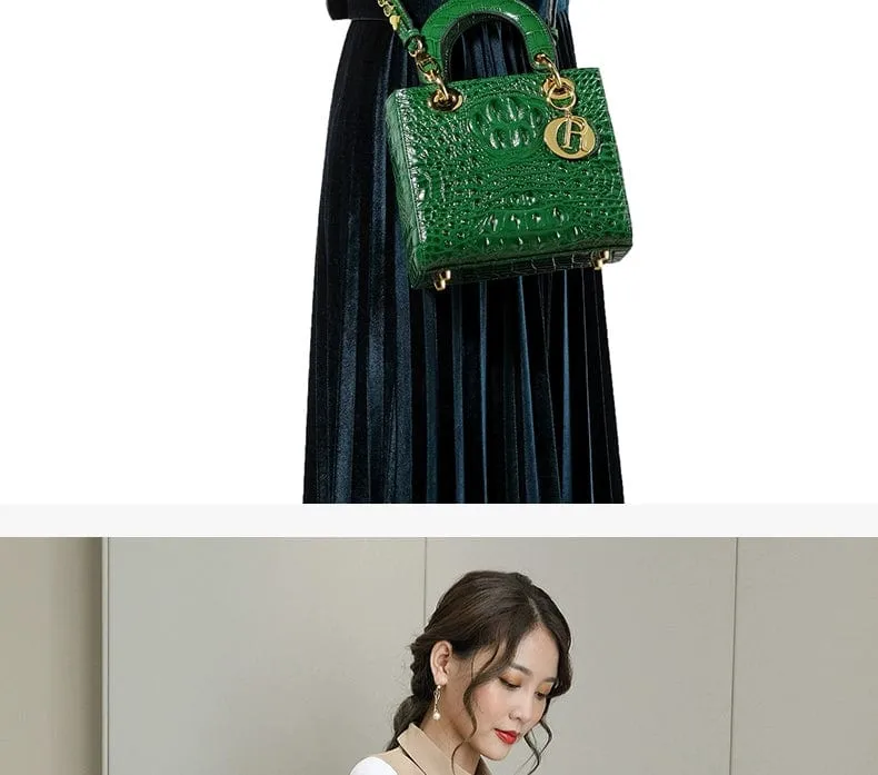 Genuine Leather Portable Elegant Crocodile Pattern All-Match Small Square Bag