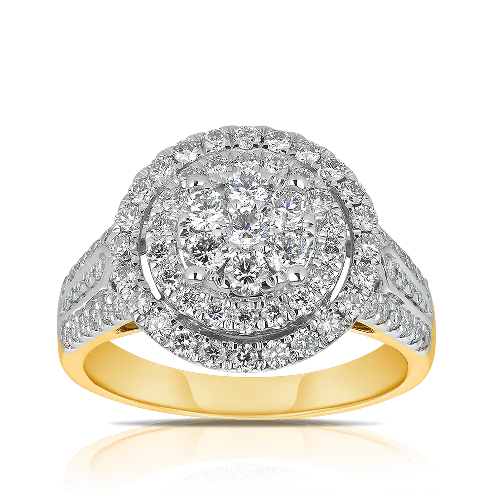 Halo Shape Diamond Dress Ring in 9ct Yellow Gold TGW 1.25ct