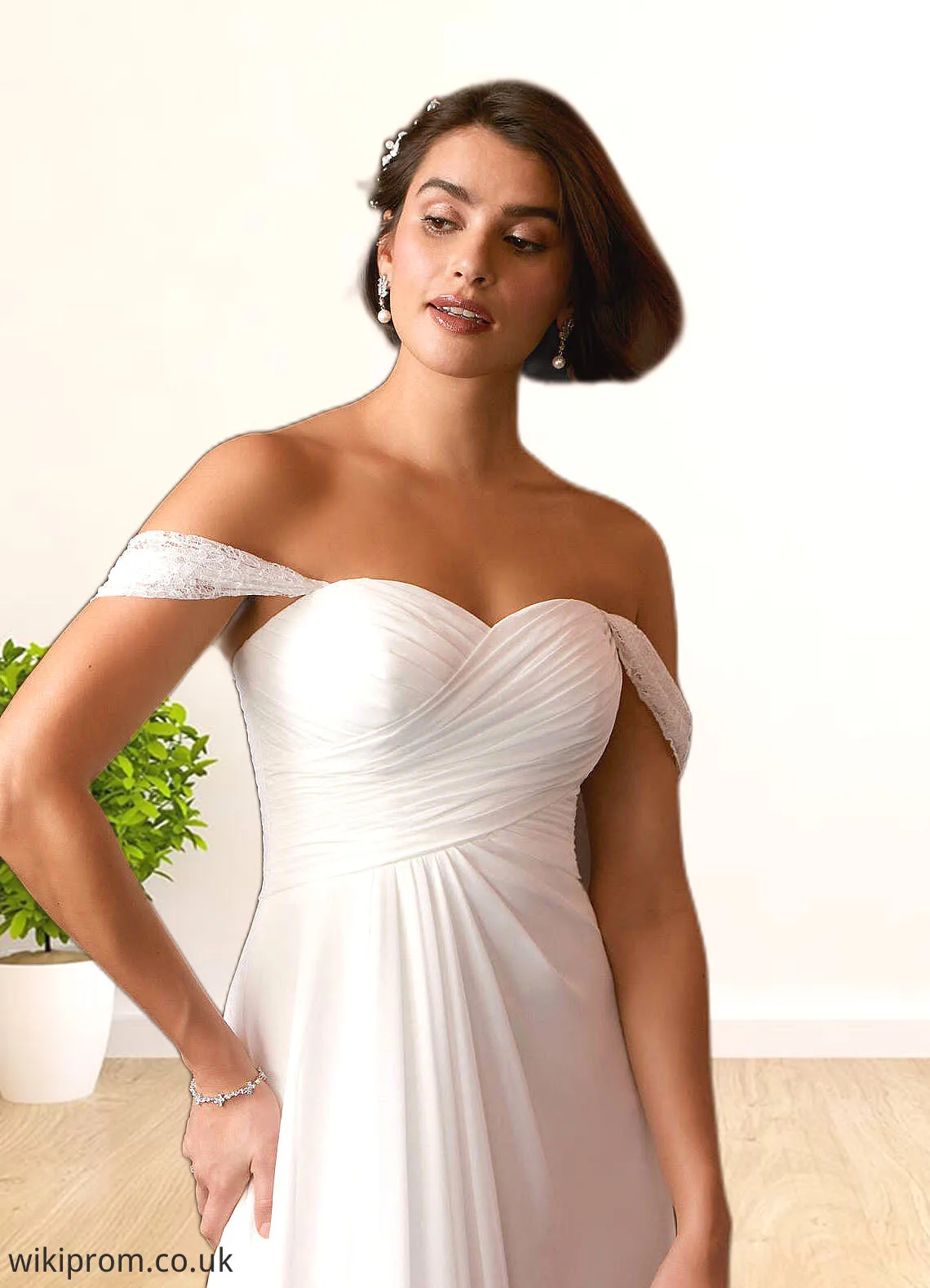 Kay A-Line Off the Shoulder Chiffon Floor-Length Dress Diamond White SWKP0022768