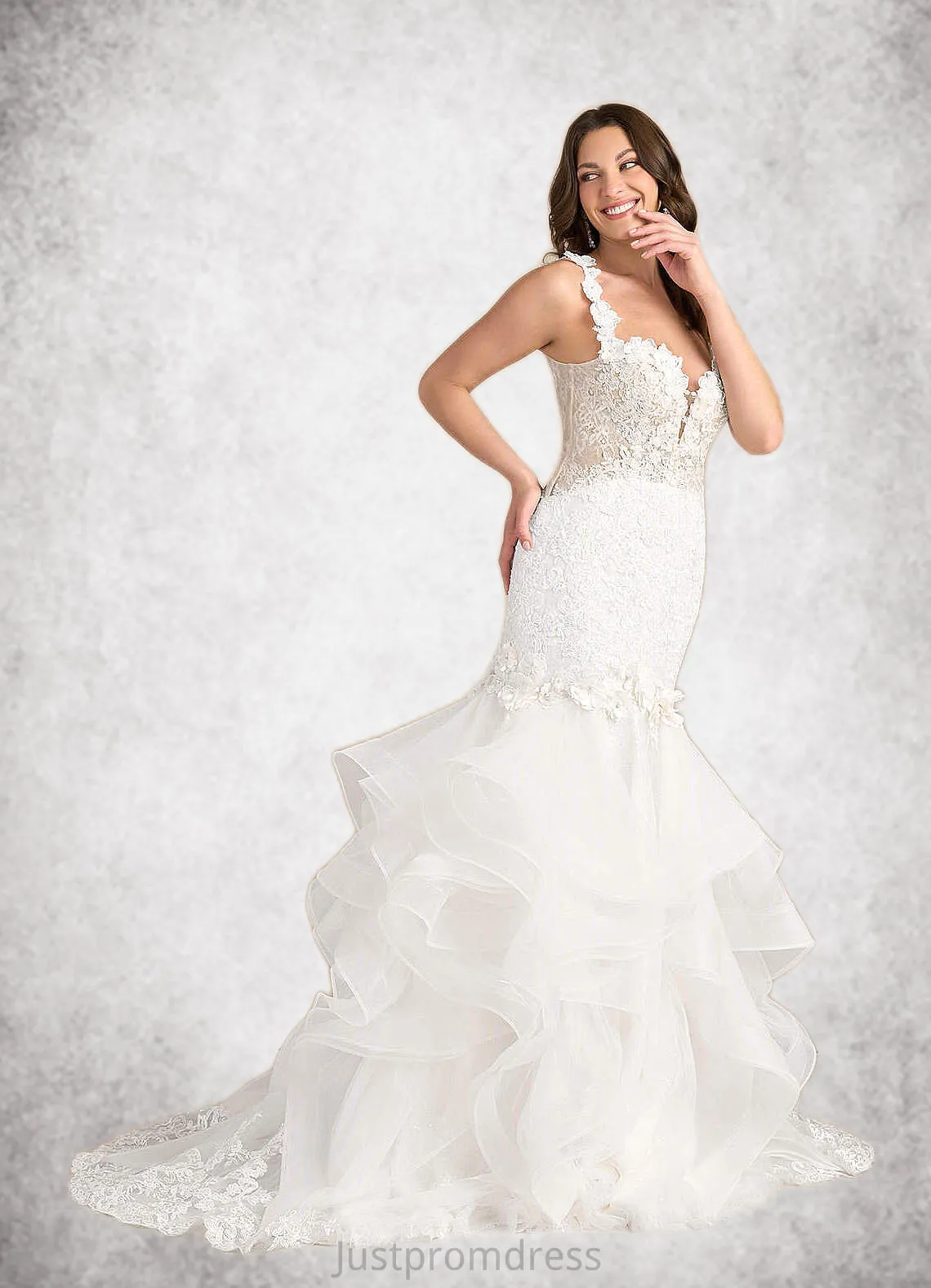 Kimberly Mermaid Lace Tulle Chapel Train Dress Diamond White/Nude HHP0022801