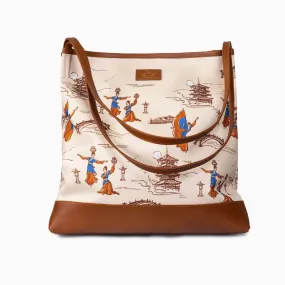 Lantern Grace Tote Bag with Leather Handle - Beige
