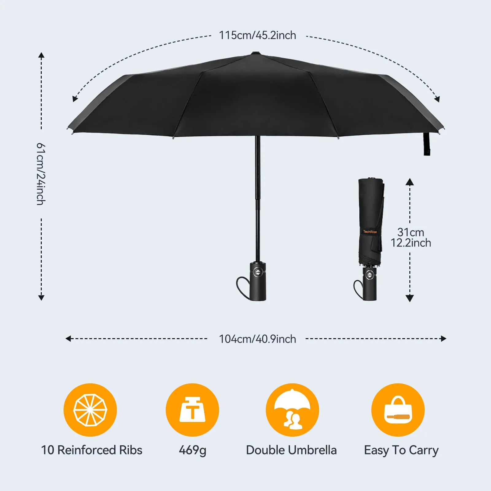 Large Windproof Umbrella, TechRise Wind Resistant Compact Travel Folding Umbrellas,  10 Ribs golf umbrella
