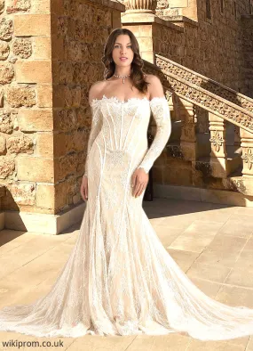 Laylah Mermaid Off the Shoulder Tulle Chapel Train Dress Diamond White/Champagne SWKP0022793