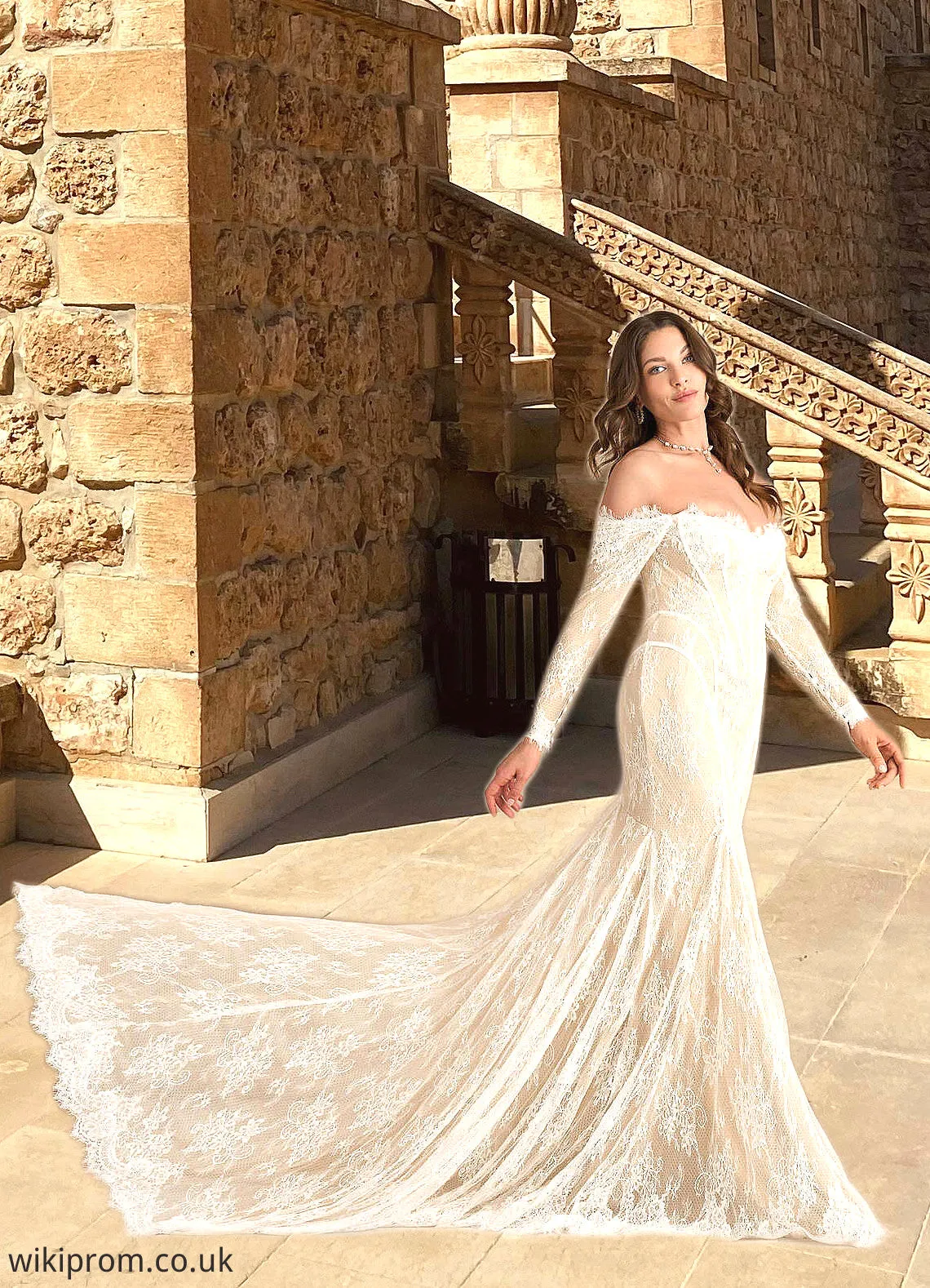 Laylah Mermaid Off the Shoulder Tulle Chapel Train Dress Diamond White/Champagne SWKP0022793