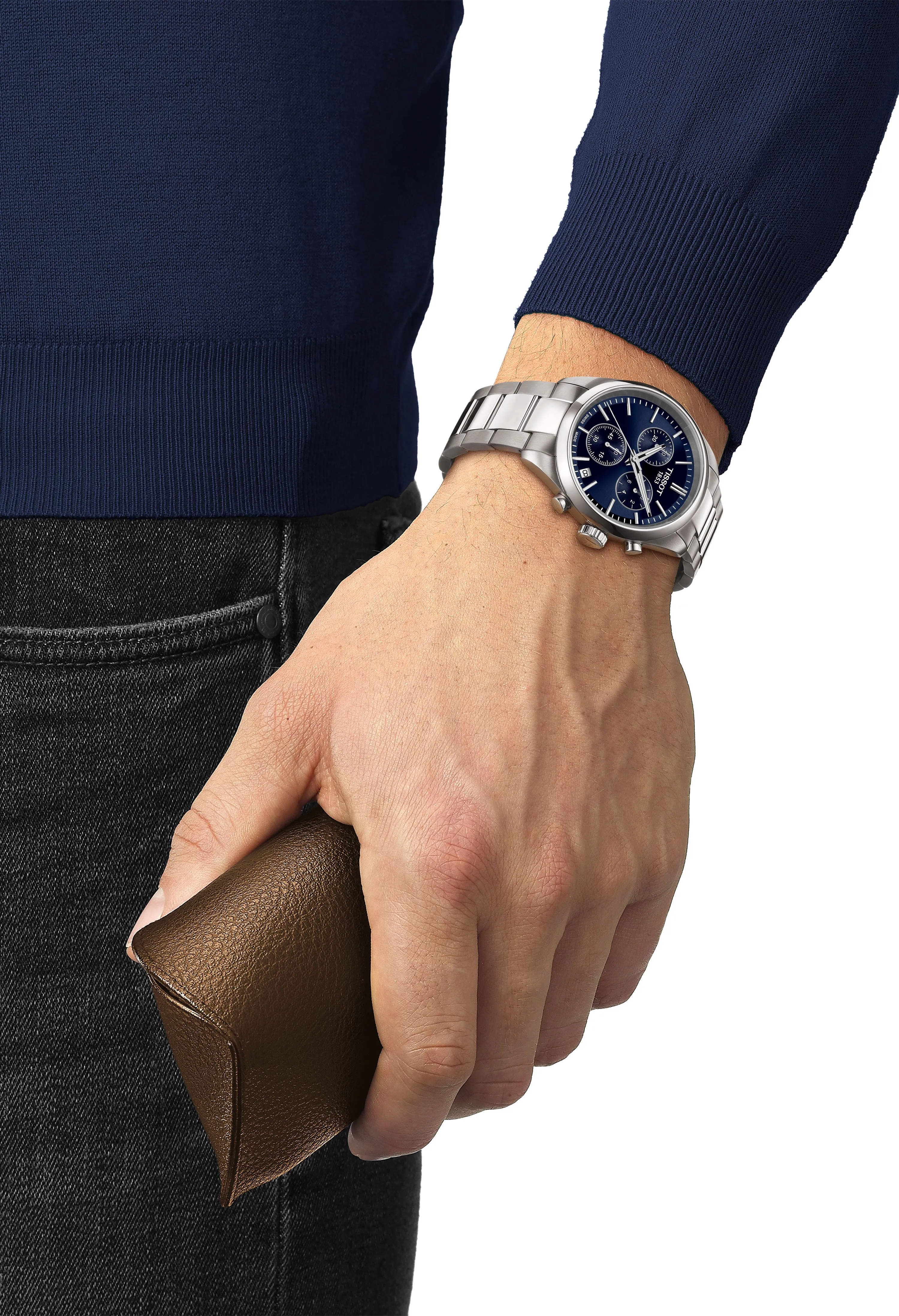 Mens Tissot PR100 Blue Chronograph Dial Bracelet Watch Stainless Steel