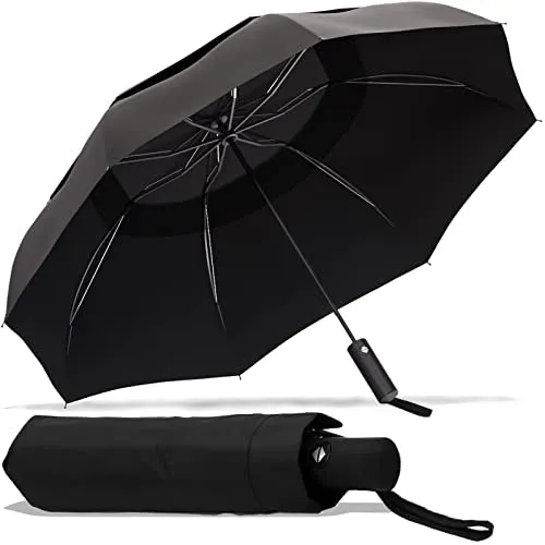 MOM Selected Windproof Travel Umbrella,Portable Umbrella with one Button for Auto Open and Close, Folding Umbrella with Inverted Design & Anti-bounce Closing Umbrella, Double Vented Canopy for Men &