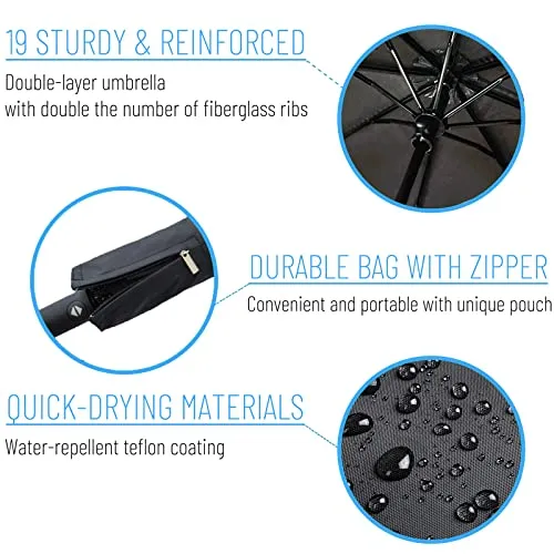 MOM Selected Windproof Travel Umbrella,Portable Umbrella with one Button for Auto Open and Close, Folding Umbrella with Inverted Design & Anti-bounce Closing Umbrella, Double Vented Canopy for Men &