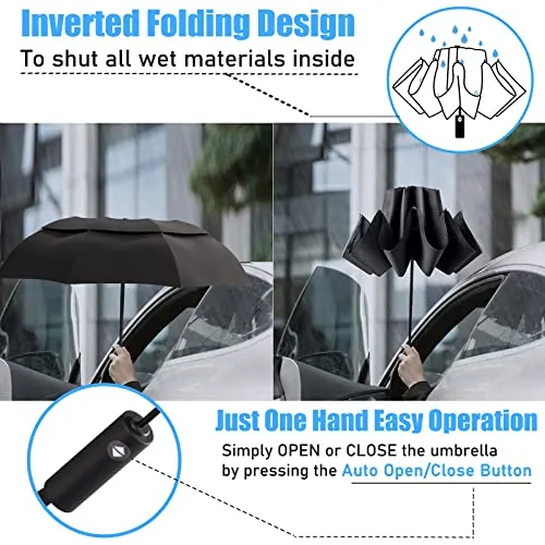 MOM Selected Windproof Travel Umbrella,Portable Umbrella with one Button for Auto Open and Close, Folding Umbrella with Inverted Design & Anti-bounce Closing Umbrella, Double Vented Canopy for Men &