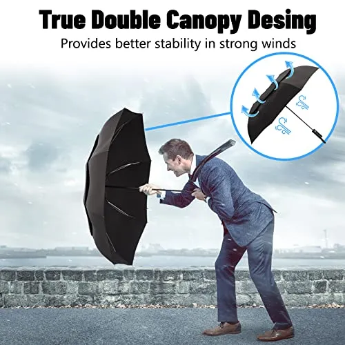 MOM Selected Windproof Travel Umbrella,Portable Umbrella with one Button for Auto Open and Close, Folding Umbrella with Inverted Design & Anti-bounce Closing Umbrella, Double Vented Canopy for Men &