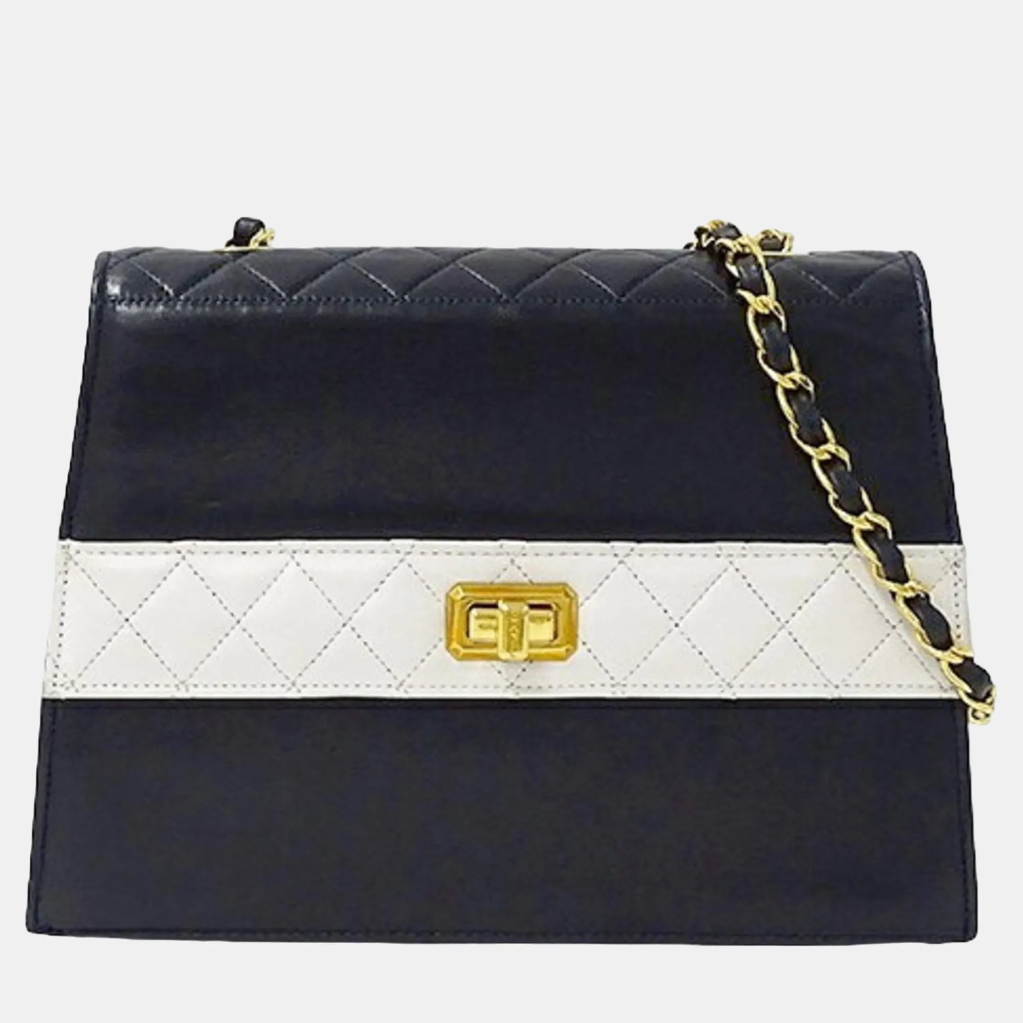 Navy Blue/White Leather Trapezoid Shoulder Bag