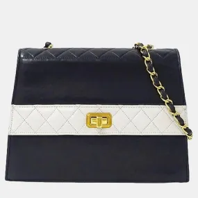 Navy Blue/White Leather Trapezoid Shoulder Bag